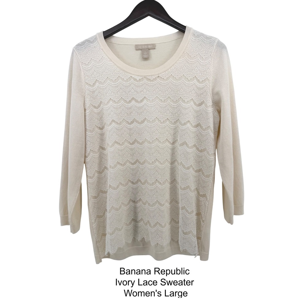 Banana Republic Ivory Lace Overlay Wool Blend Sweater Womens Large Crew Neck